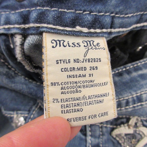 Miss Me Signature Skinny Jeans size 27 x 32 Low Rise Cross Studs Rhinestones Y2K - Picture 5 of 13